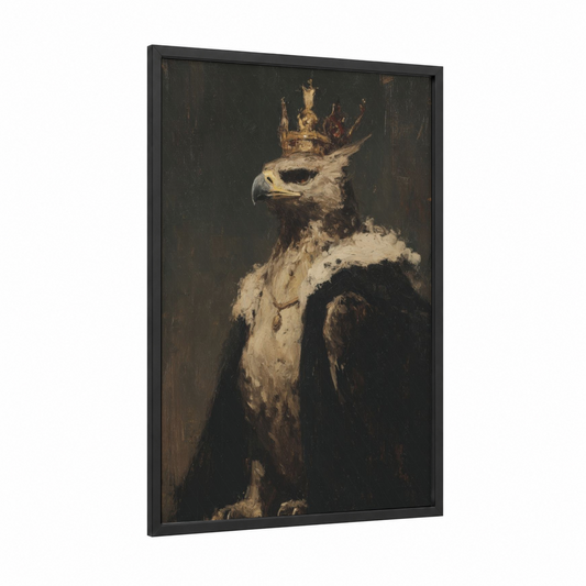 Regal Griffin framed art print — black wood frame — gold and black and white palette