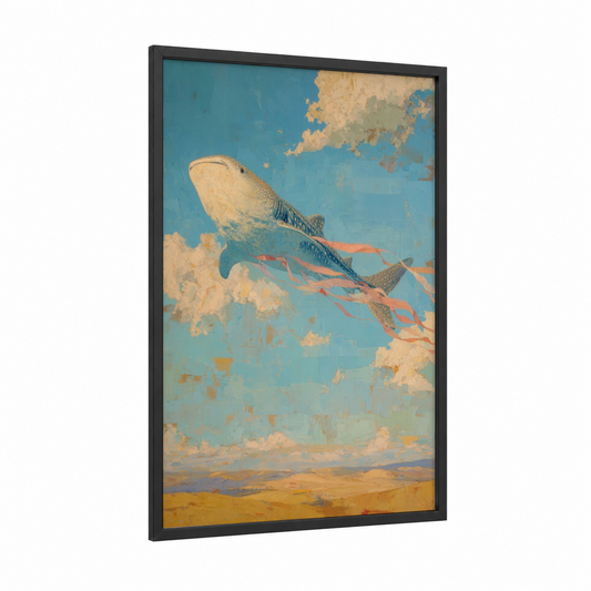 Dreaming Whale Shark framed art print — black wood frame — blue and gold palette