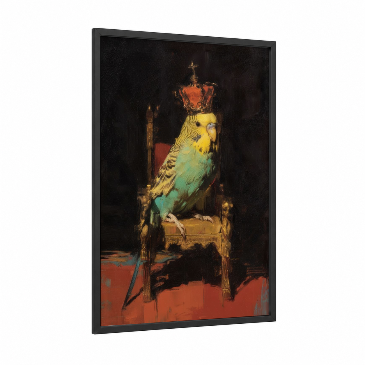 Regal Budgie framed budgeridar print — black wood frame — gold and maroon palette