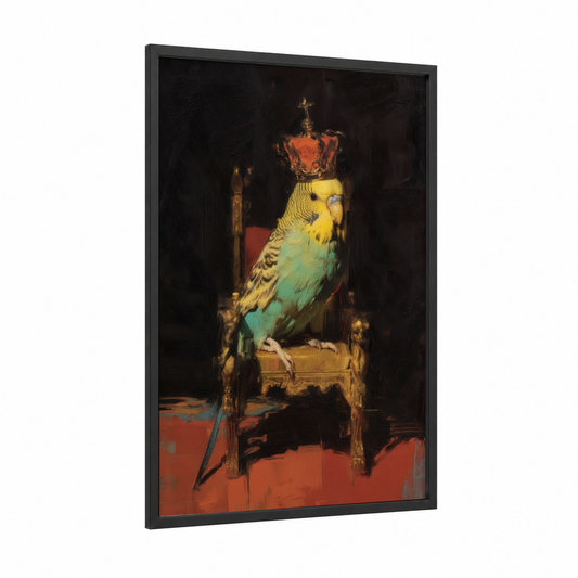 Regal Budgie framed budgeridar print — black wood frame — gold and maroon palette