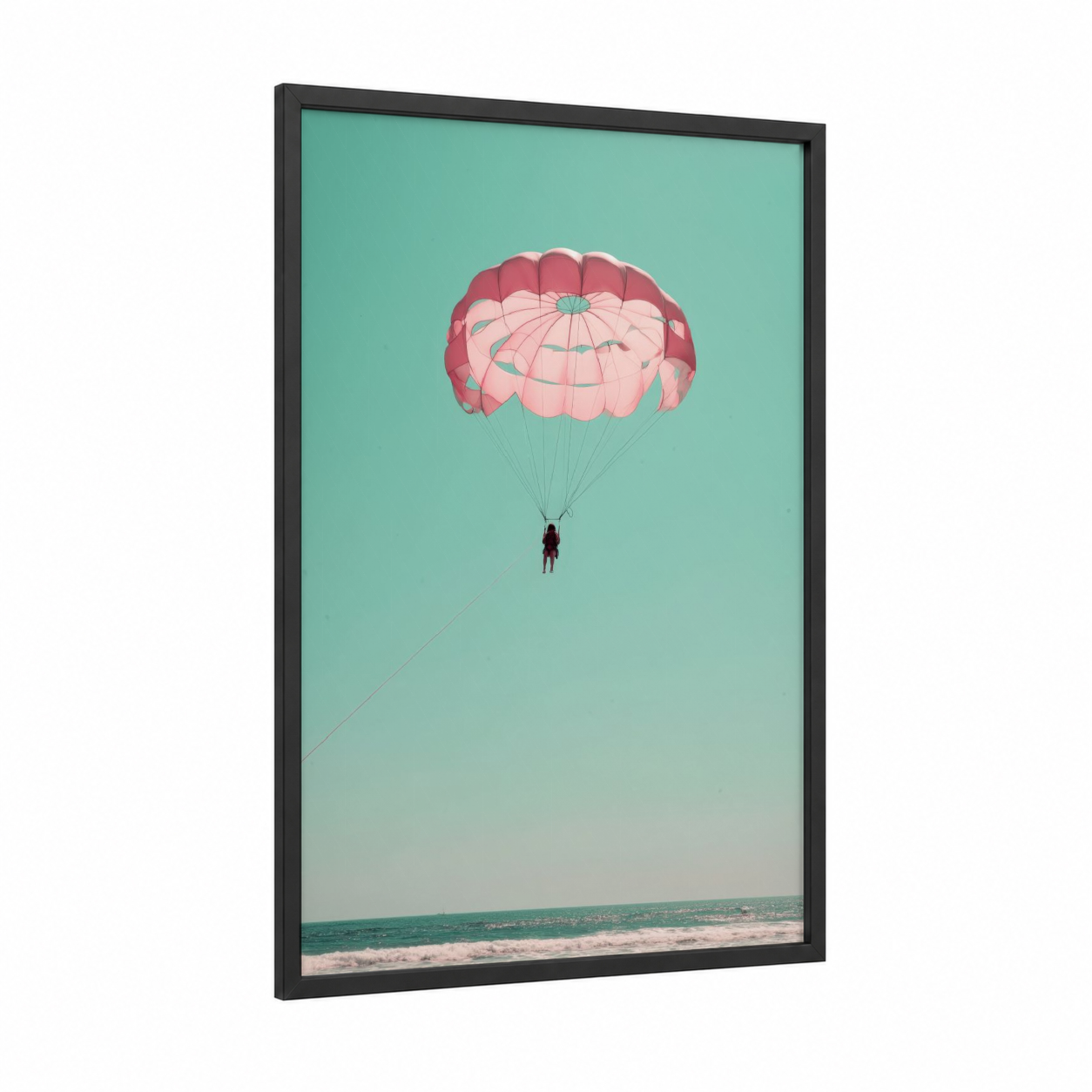 Pink Parasail Sky framed parasailing print — black wood frame — turquoise and pink palette