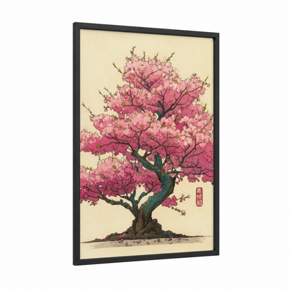 Blooming Cherry Tree framed cherry blossoms print — black wood frame — pink and cream palette