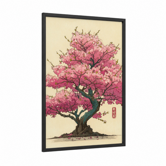 Blooming Cherry Tree framed cherry blossoms print — black wood frame — pink and cream palette
