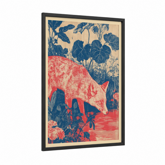 Garden Fox framed art print — black wood frame — red and blue palette