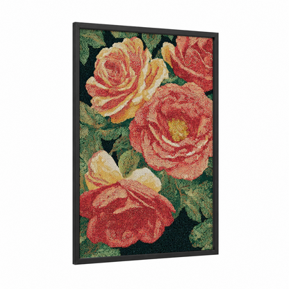 Vintage Rose Garden framed roses print — black wood frame — red and gold palette