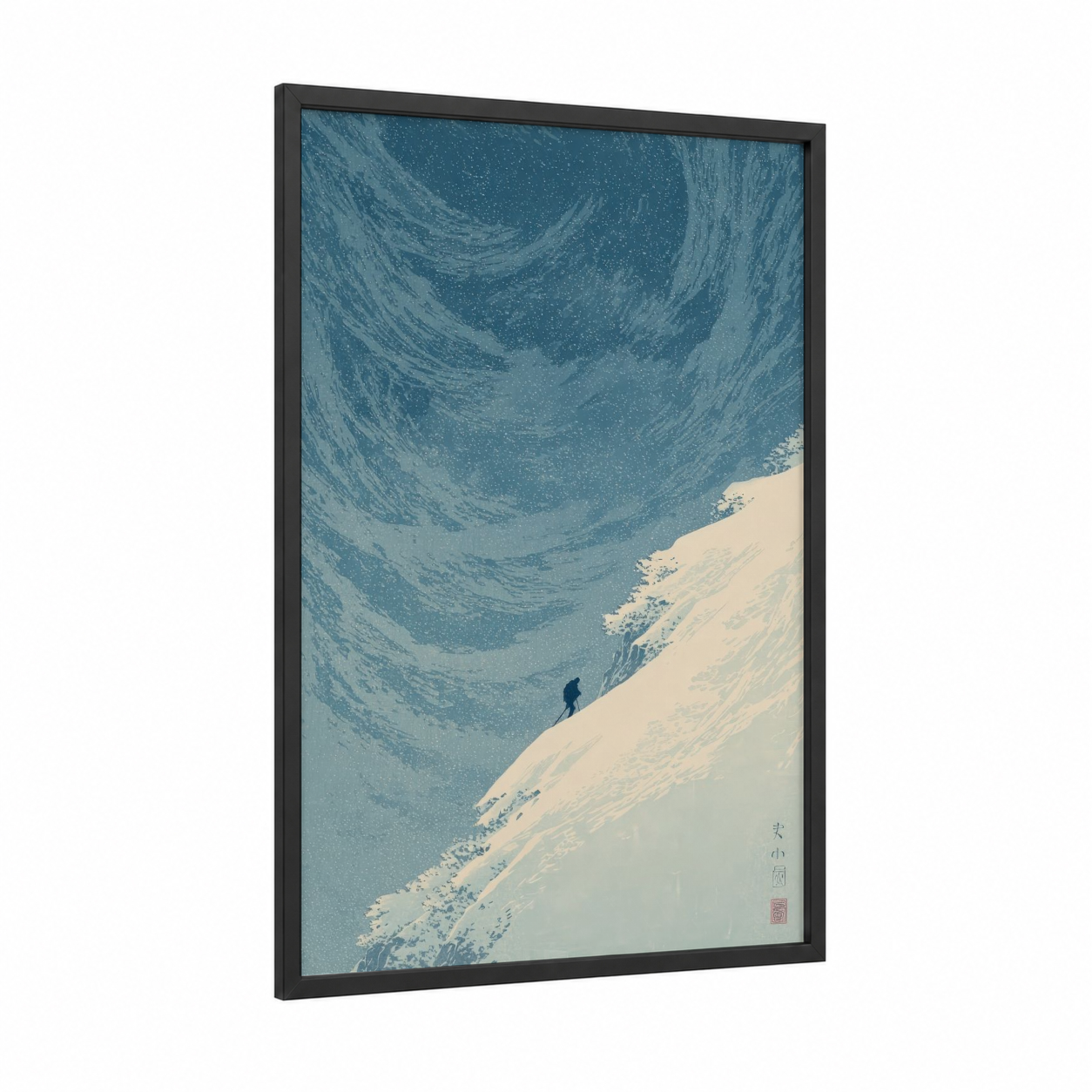 Solitary Ascent framed ice climbing print — black wood frame — blue and cream palette