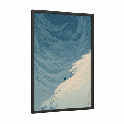 Solitary Ascent framed ice climbing print — black wood frame — blue and cream palette