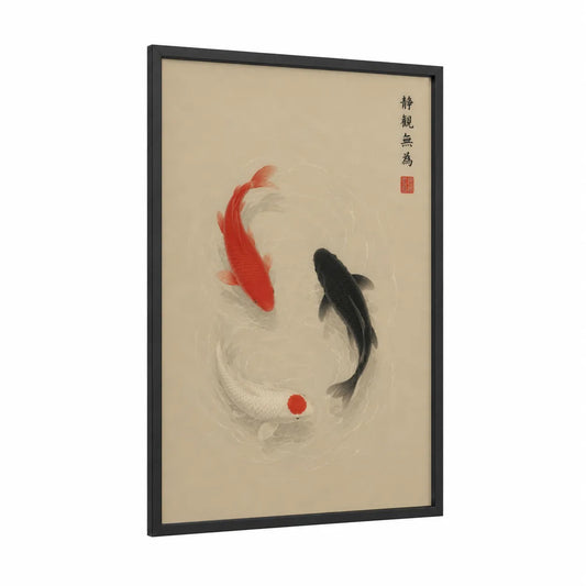 Koi Fish Yin Yang Wall Art framed art print — black wood frame — beige and black and red palette