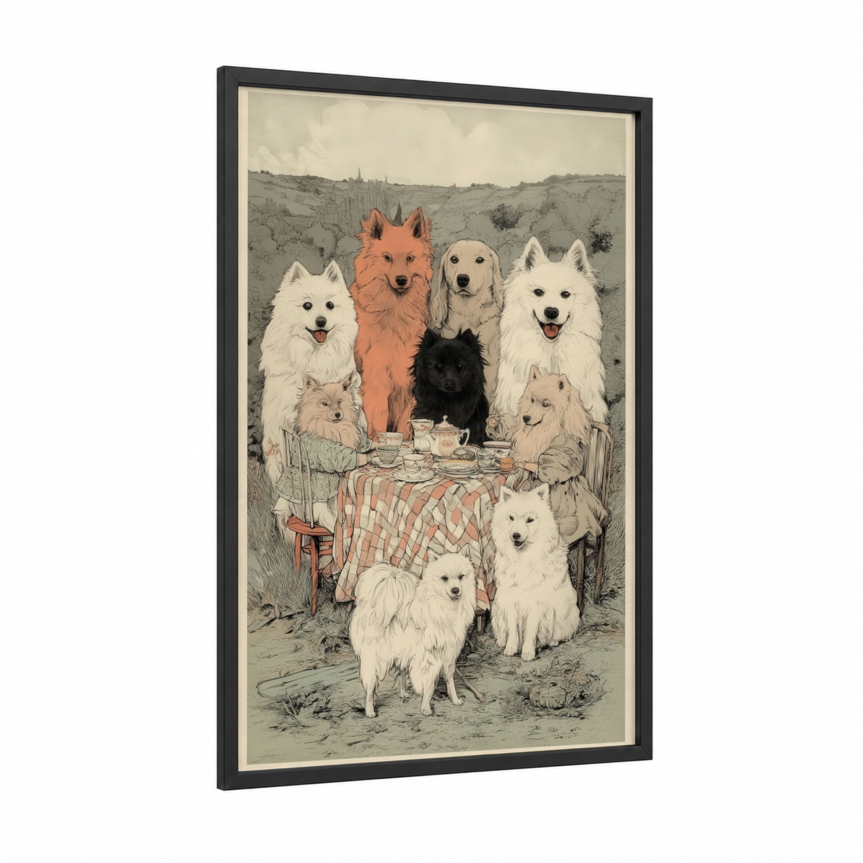 Teatime Spitz Pack framed art print — black wood frame — cream and russet palette