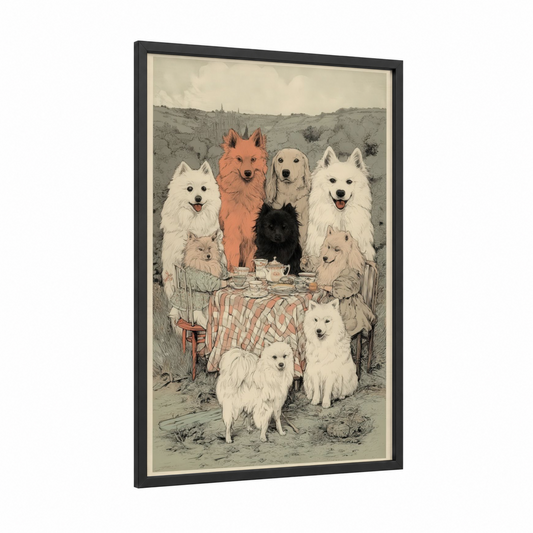 Teatime Spitz Pack framed art print — black wood frame — cream and russet palette