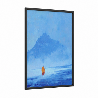 Snowy Pilgrimage framed buddhism print — black wood frame — blue and blue and white palette