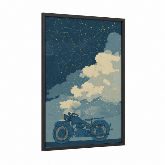 Starlit Motorcycle framed vintage motorcycle print — black wood frame — dark blue and gold palette