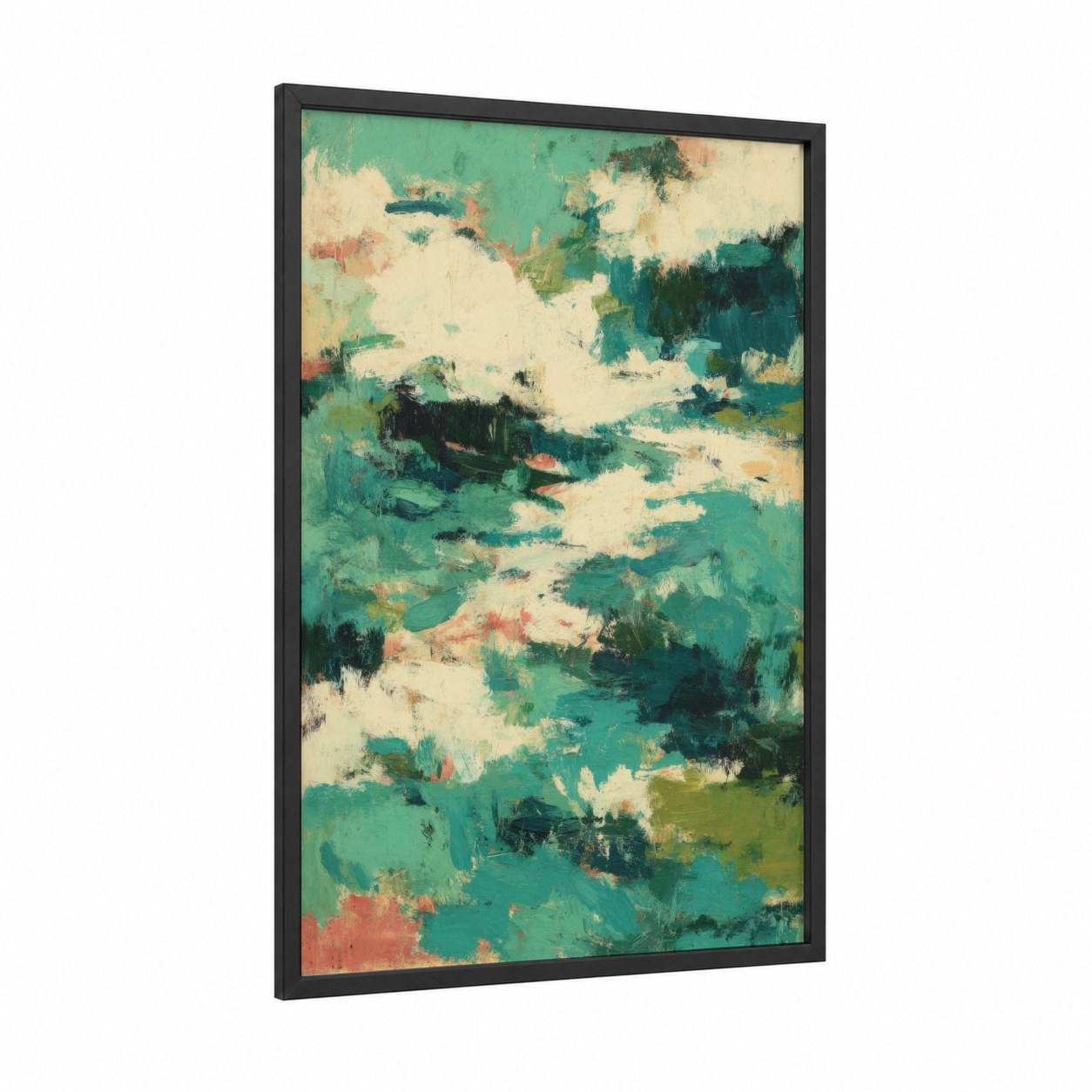 Emerald Abstraction framed abstract expressionism print — black wood frame — teal and cream palette