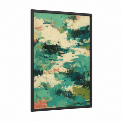 Emerald Abstraction framed abstract expressionism print — black wood frame — teal and cream palette