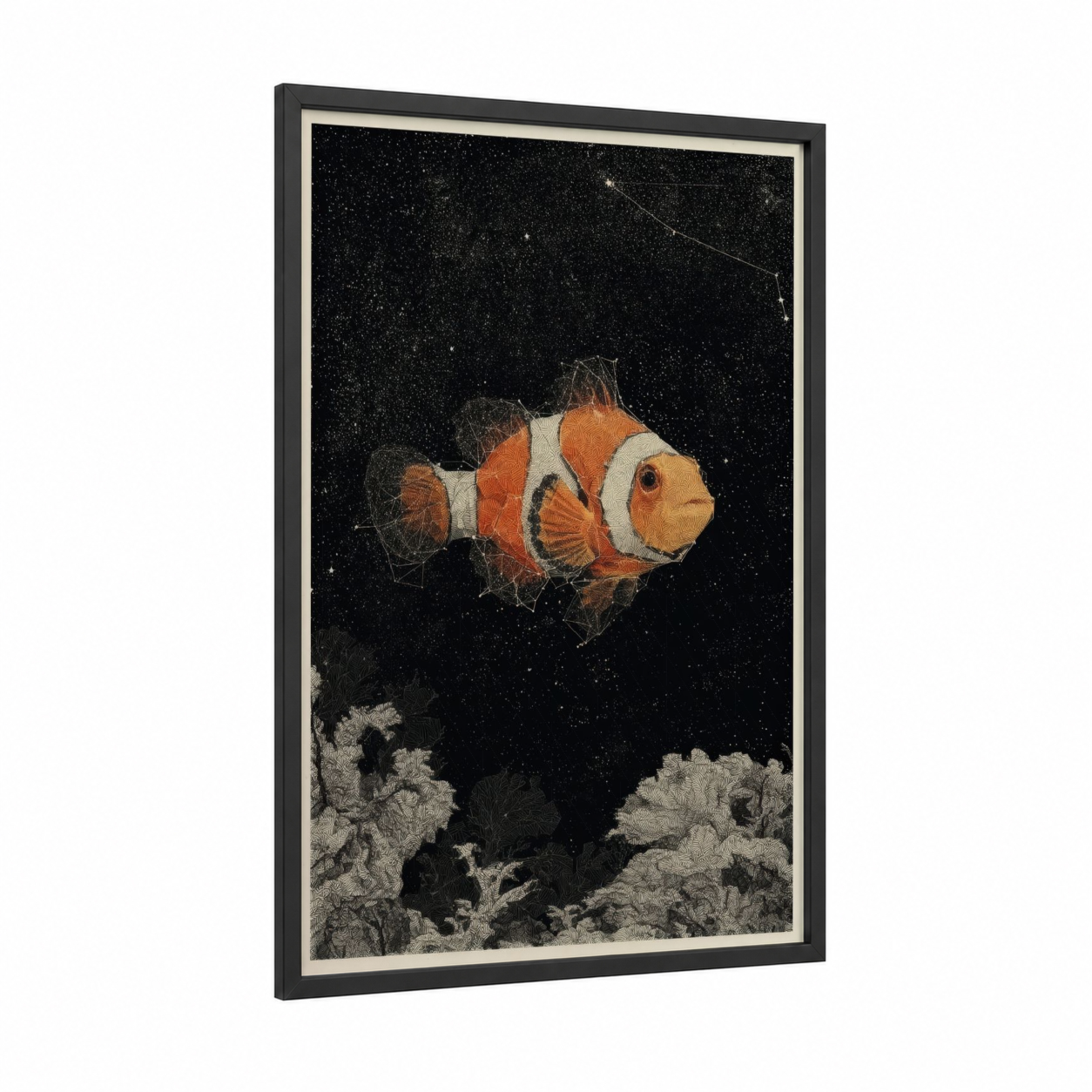 Cosmic Clownfish framed clown fish print — black wood frame — black and white and orange palette