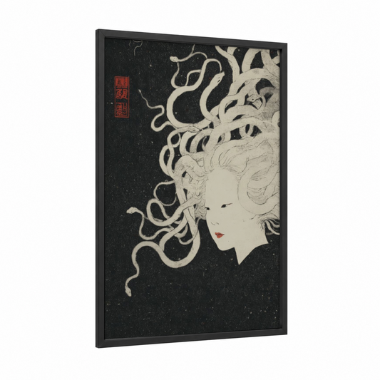 Serpent Medusa framed art print — black wood frame — black and white palette