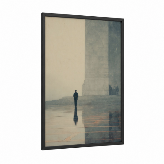 Solemn Monument framed veterans day print — black wood frame — gray and beige palette