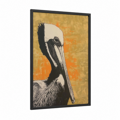 Coastal Pelican framed art print — black wood frame — gold and orange palette