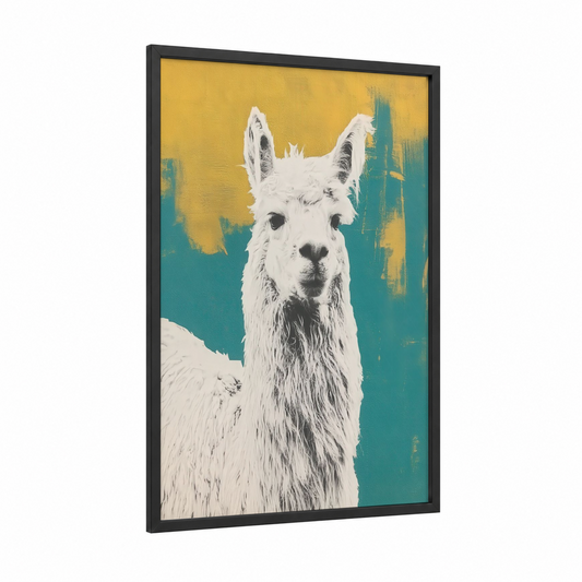 Golden Alpaca framed art print — black wood frame — yellow gold and teal palette