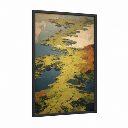 Sulfur Volcano Landscape framed art print — black wood frame — mustard and blue palette
