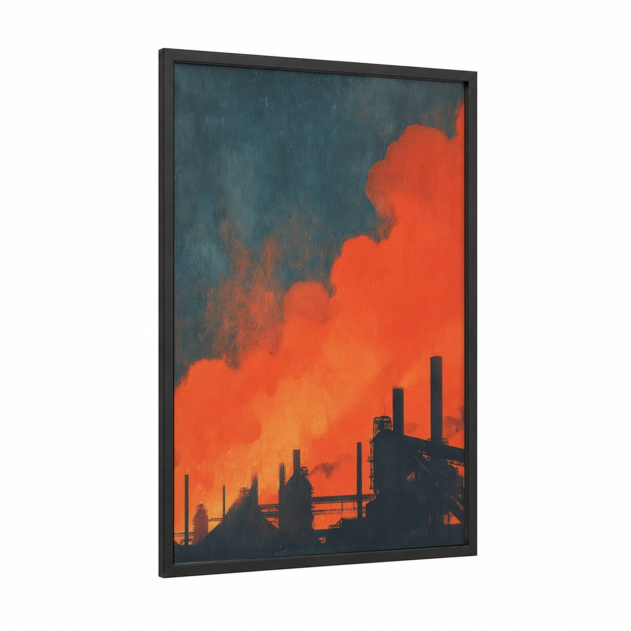 Industrial Inferno framed factory print — black wood frame — red and orange palette