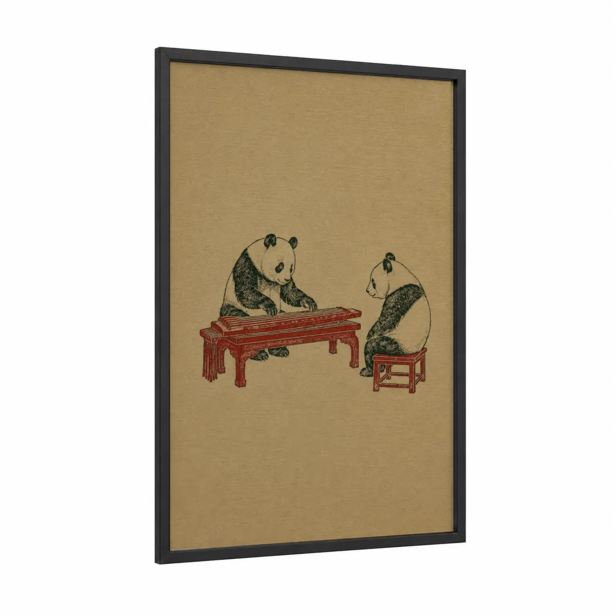 Pandas Playing Traditional Instruments Wall Art framed art print — black wood frame — beige and cream palette
