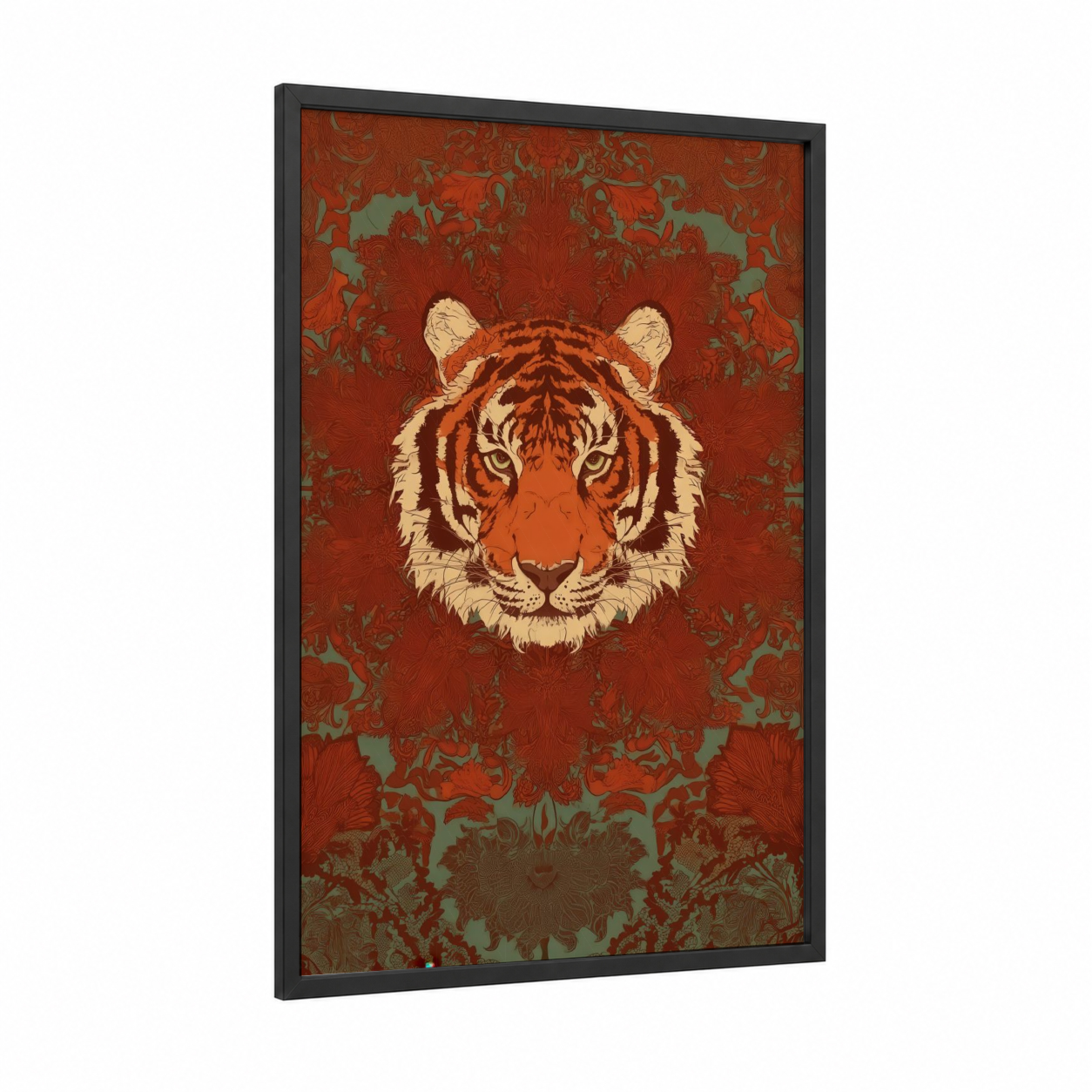 Regal Tiger Portrait framed art print — black wood frame — red and sage green palette