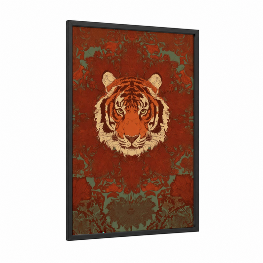 Regal Tiger Portrait framed art print — black wood frame — red and sage green palette