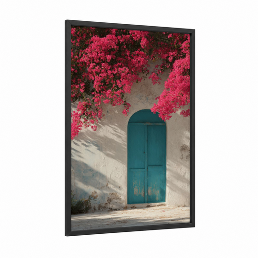 Turquoise Garden Door framed art print — black wood frame — magenta and teal palette