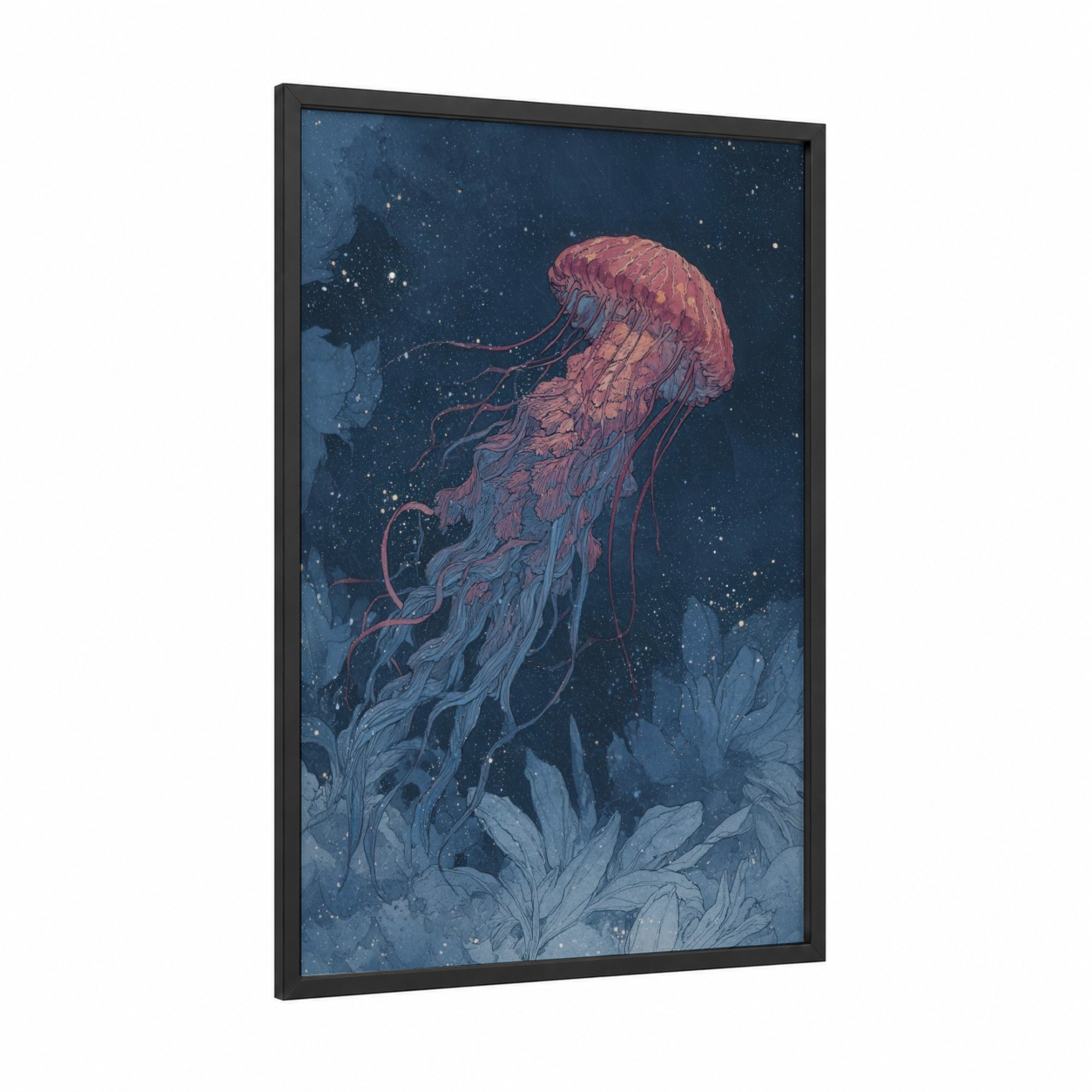 Crimson Jellyfish framed art print — black wood frame — blue and pink palette