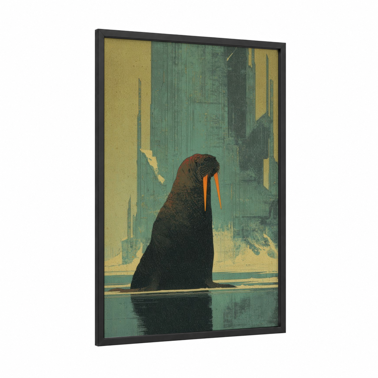 Urban Walrus framed art print — black wood frame — teal and gold palette
