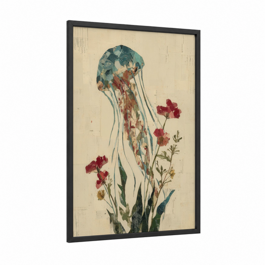 Crimson Jellyfish framed art print — black wood frame — teal and maroon palette