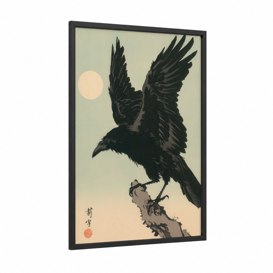 Moonlit Raven framed crows and ravens print — black wood frame — black and cream palette