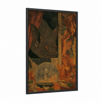 Mystical Bat Oracle framed art print — black wood frame — russet and dark green palette
