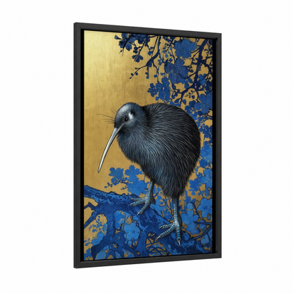 Golden Kiwi framed art print — black wood frame — gold and blue palette