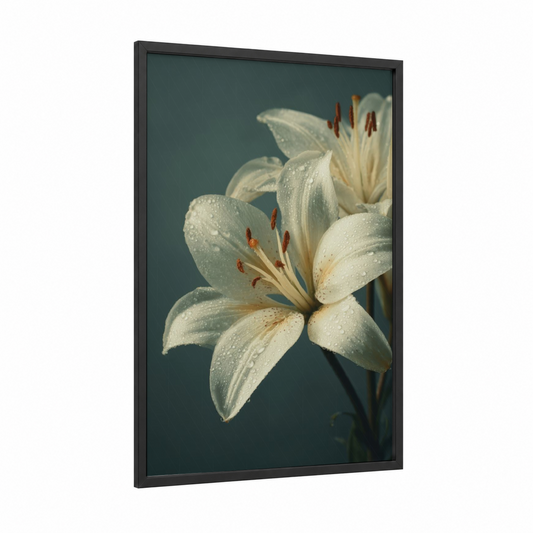 Dewy White Lily framed art print — black wood frame — white and bermuda gray palette