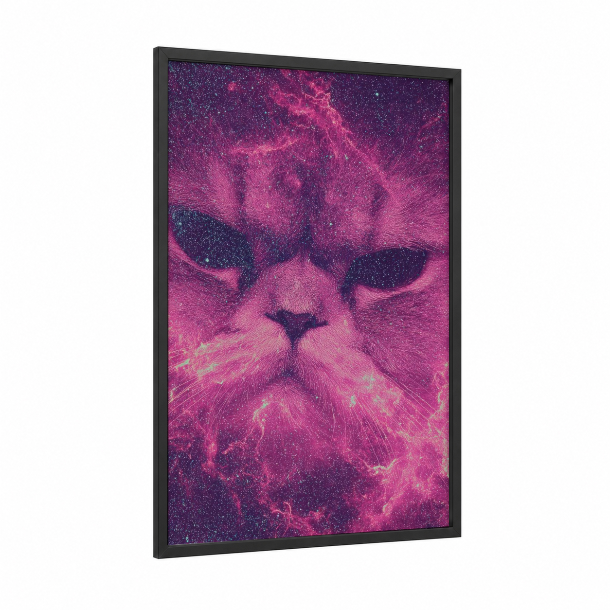 Cosmic Cat Supernova framed art print — black wood frame — magenta and pink palette