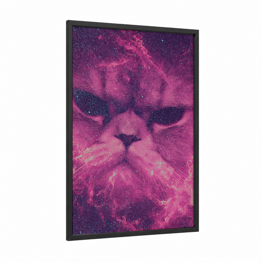 Cosmic Cat Supernova framed art print — black wood frame — magenta and pink palette