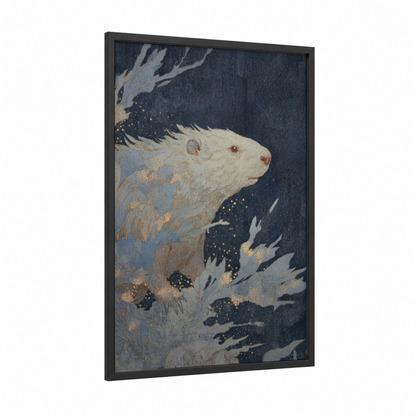 Mystical Beaver framed art print — black wood frame — gold and black palette