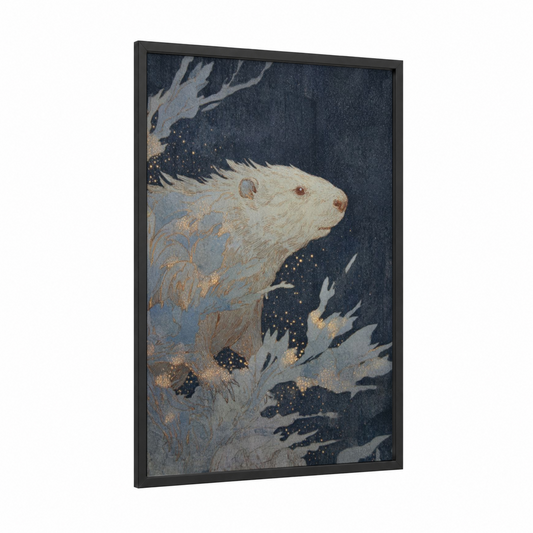 Mystical Beaver framed art print — black wood frame — gold and black palette