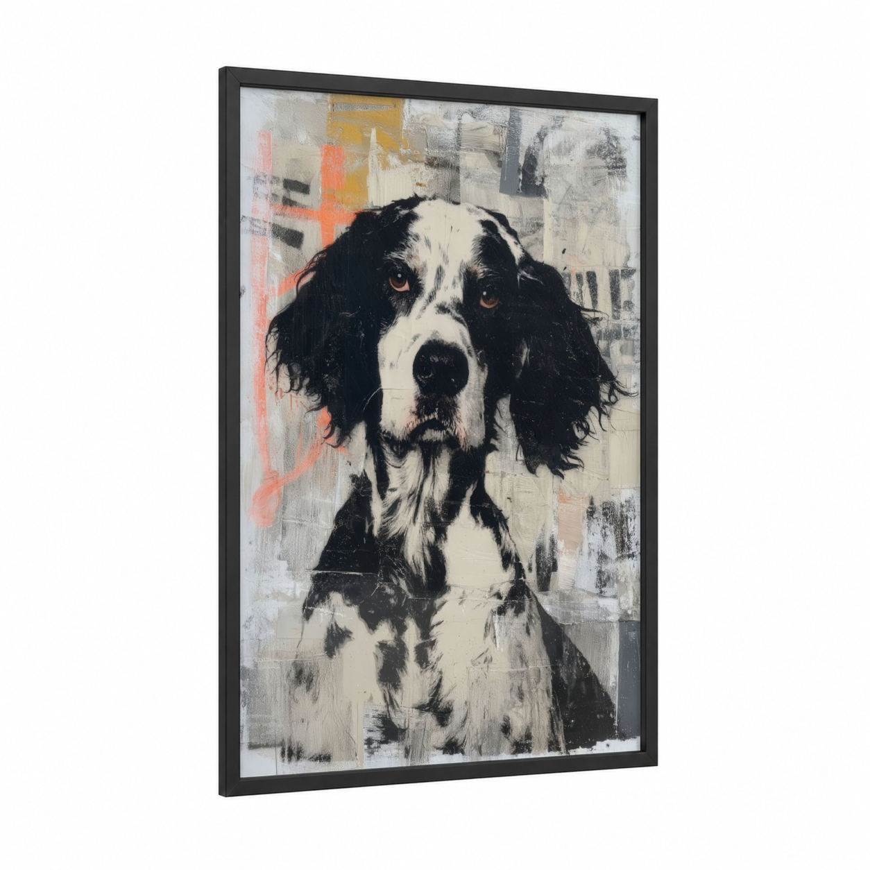 Contemplative Setter framed art print — black wood frame — black and white and gray palette