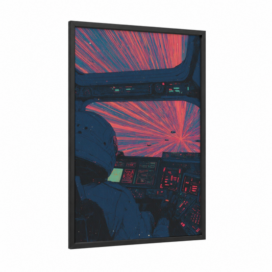 Cosmic Cockpit framed astronaut print — black wood frame — red and dark blue palette
