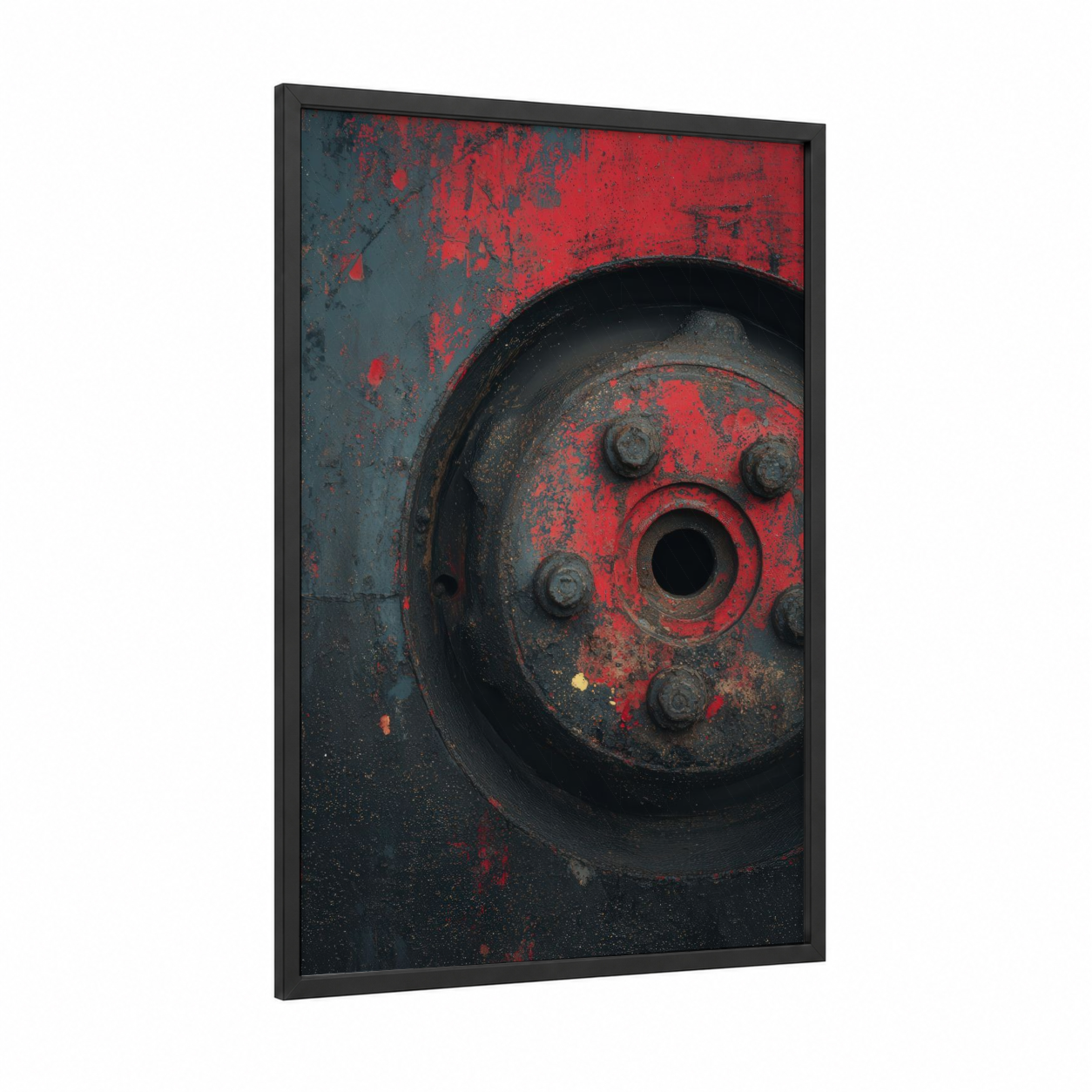 Rusted Fire Engine framed art print — black wood frame — red and black and gold palette