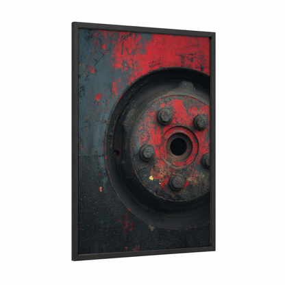 Rusted Fire Engine framed art print — black wood frame — red and black and gold palette