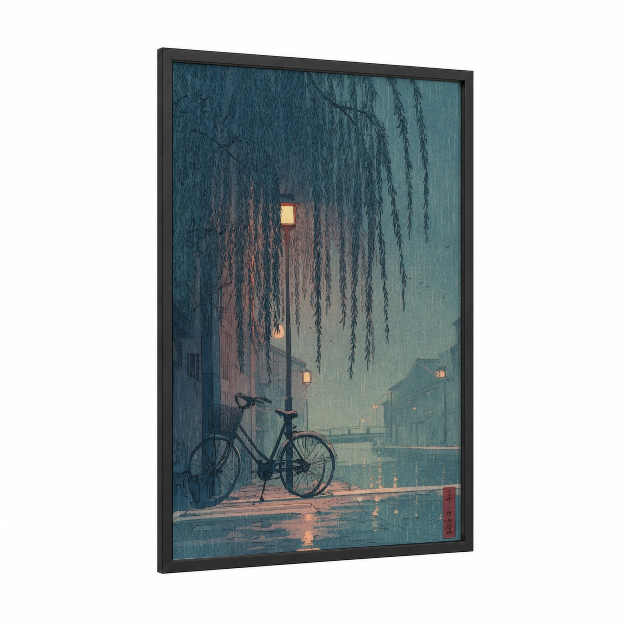 Rainy Urban Bicycle framed art print — black wood frame — teal and russet palette