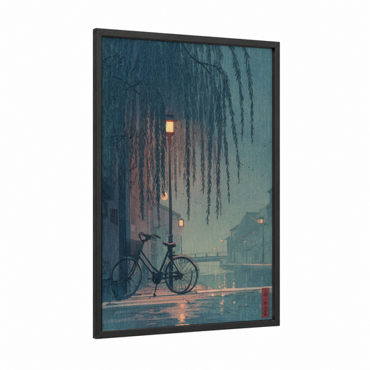 Rainy Urban Bicycle framed art print — black wood frame — teal and russet palette