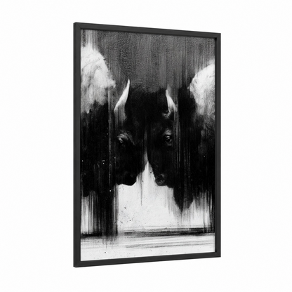 Mirrored Bison Duality framed art print — black wood frame — black and white palette
