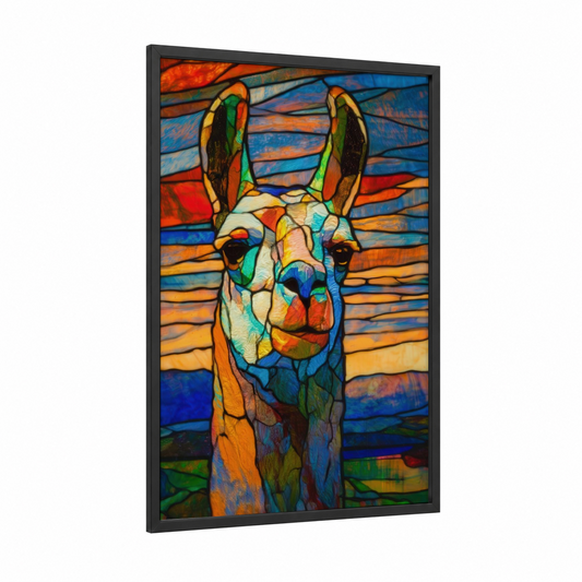 Colorful Llama framed art print — black wood frame — orange and blue palette