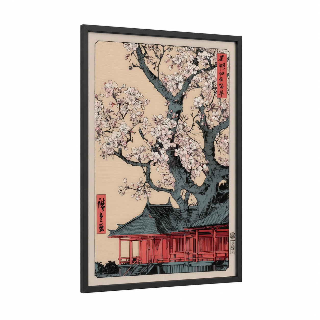 Crimson Temple Blossoms framed cherry blossoms print — black wood frame — cream and rose gold palette