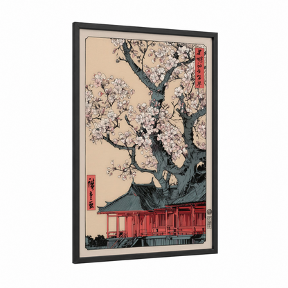 Crimson Temple Blossoms framed cherry blossoms print — black wood frame — cream and rose gold palette